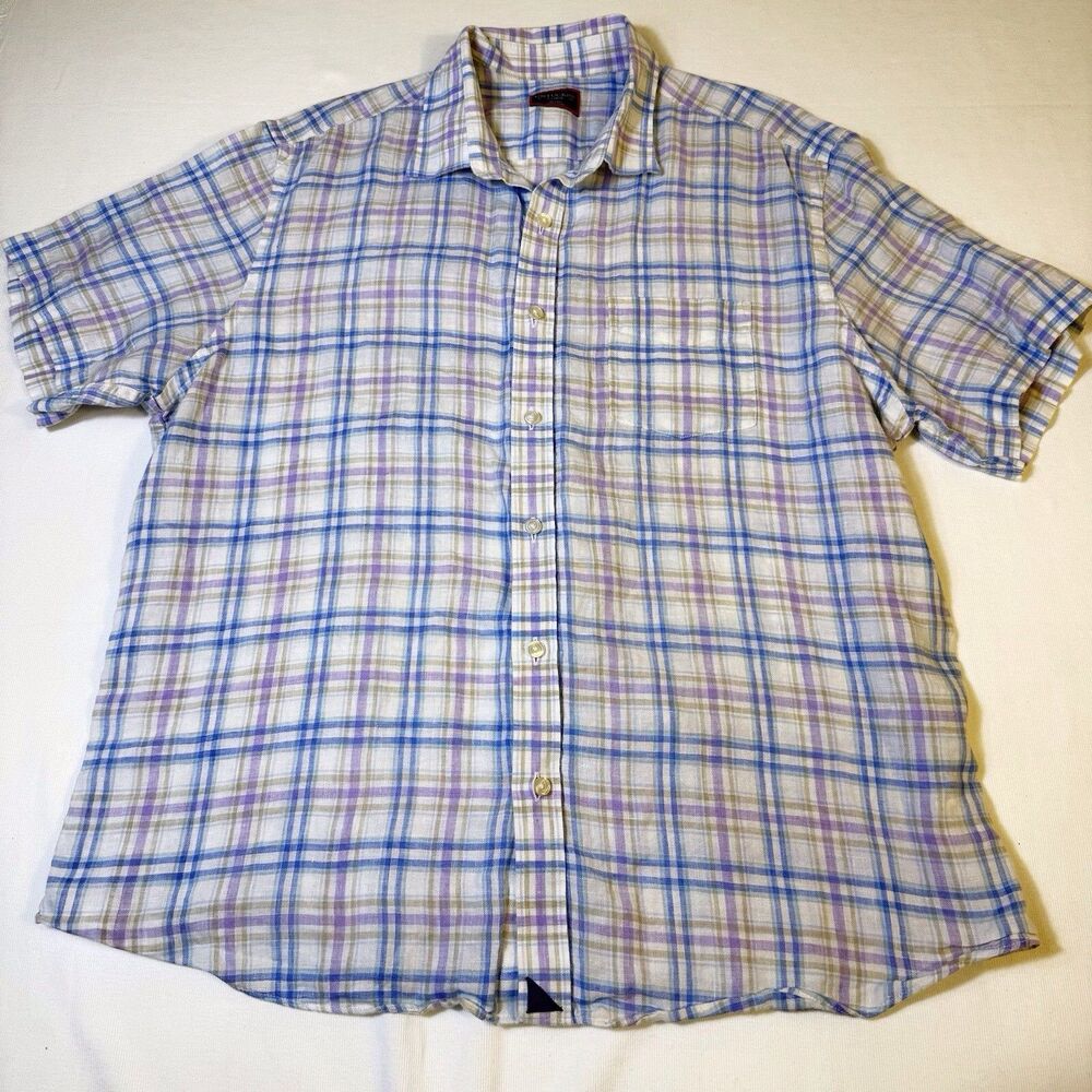 Untuckit Shirt Mens X Large White‎ Blue Plaid Short Sleeve 100% Linen Preppy
